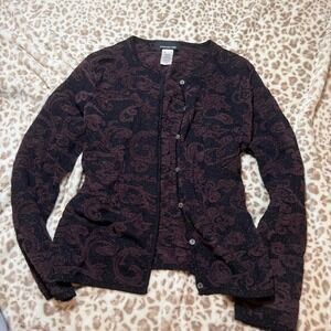 Jones New York Womens Cardigan Sweater Burgundy Black Paisley Knit Button Up M